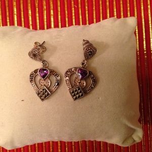 Amethyst and Marcasite SS Heart Earrings